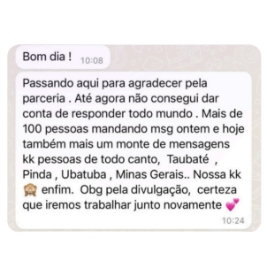 Mensagem de marca parceira sobre alcance da divulgação