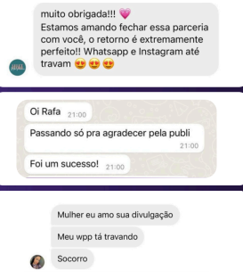 Mensagens de marcas parceiras sobre resultados da parceria